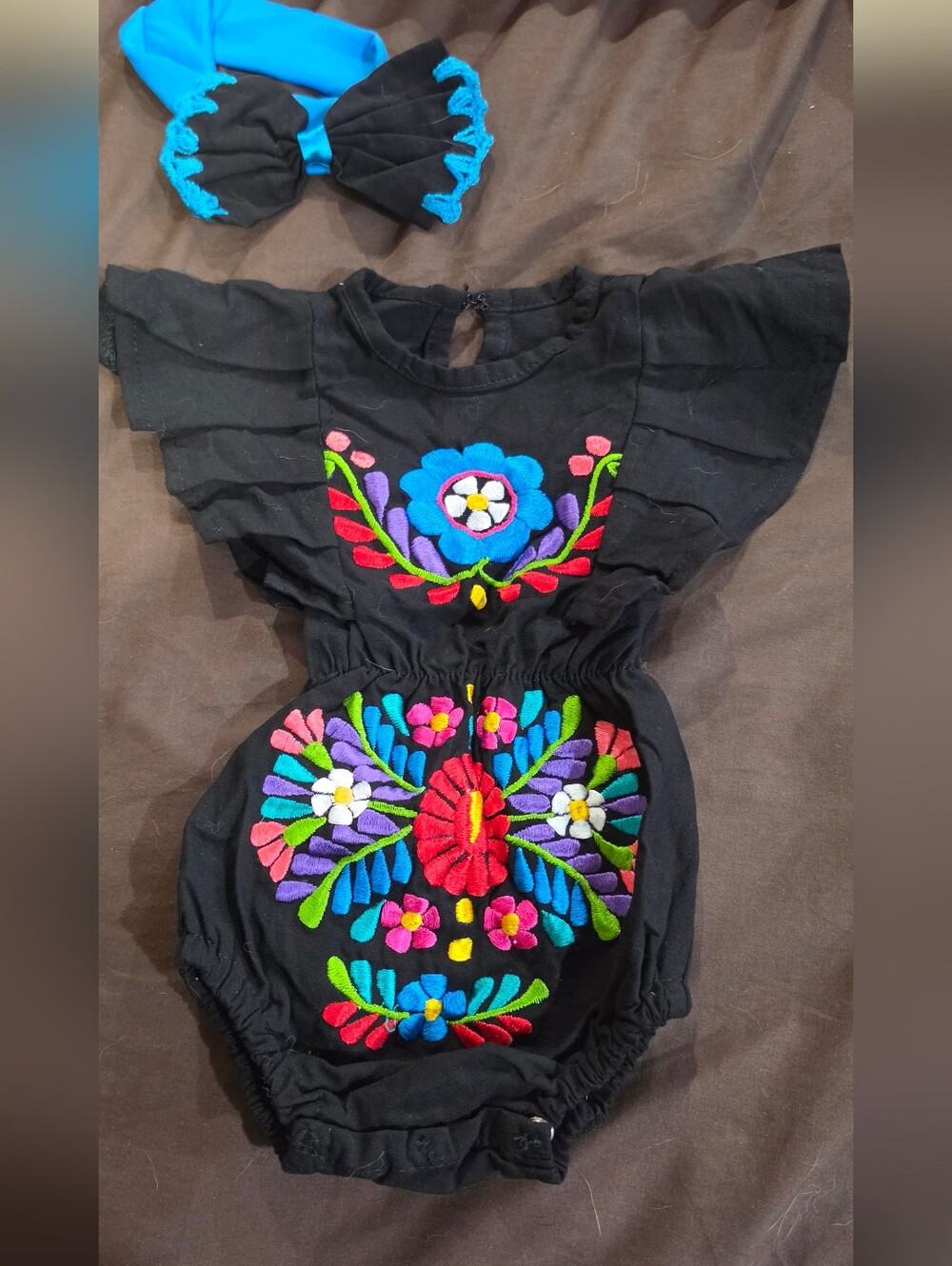 Black Baby Romper with Bright Floral Embroidery